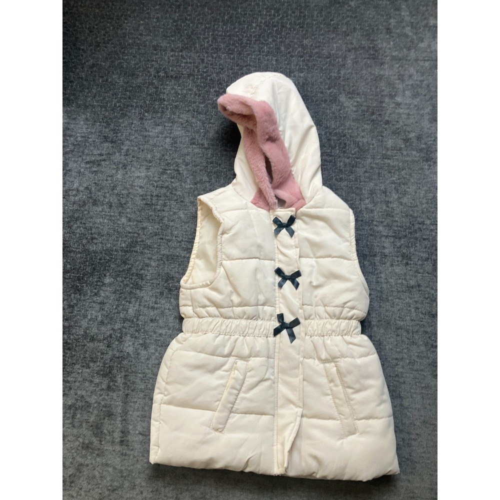 Nicole Miller New York Puffer Vest Girls 6X Beige Fur Trim Bow Hooded Full Zip
